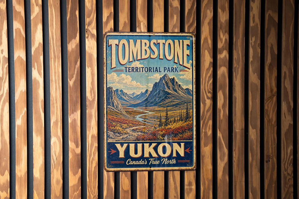 A vintage-style sign for Tombstone Territorial Park, featuring a scenic mountain landscape with a river and pine trees.
