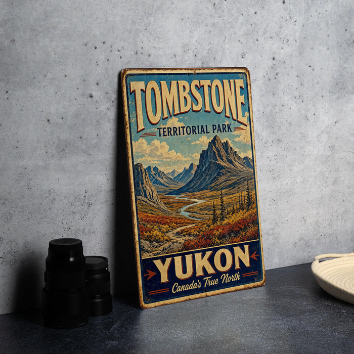 A vintage-style sign for Tombstone Territorial Park, Yukon, Canada, featuring a scenic mountain landscape.