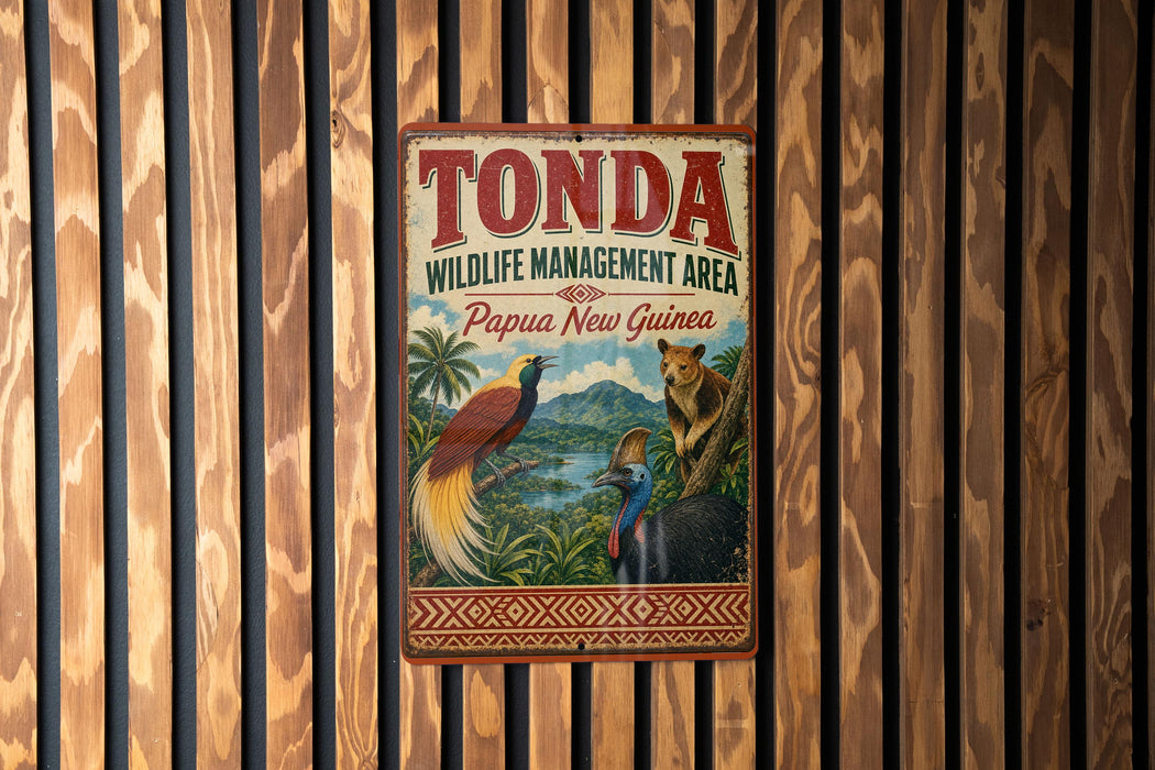 A vintage metal sign for the Tonda Wildlife Management Area in Papua New Guinea, featuring an illustration of various animals in a tropical setting.
