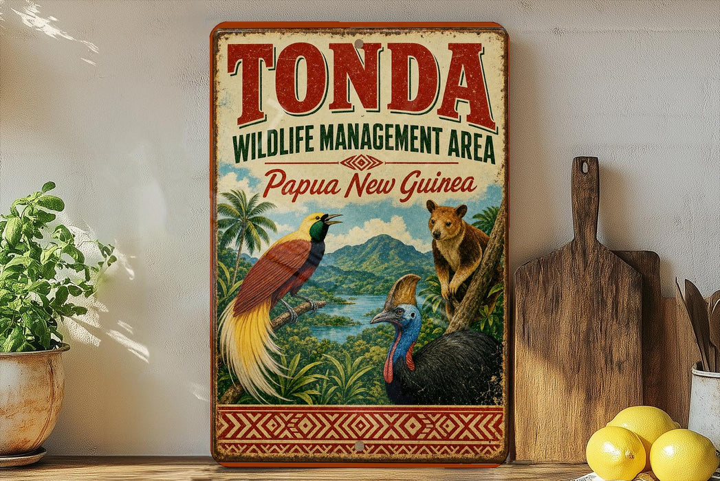 A vintage-style metal sign for the Tonda Wildlife Management Area in Papua New Guinea, featuring illustrations of various animals such as a bird, a bear, and a parrot, along with a tropical landscape.