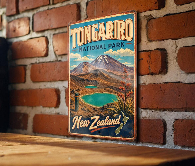A vintage-style metal sign for Tongarro National Park in New Zealand, featuring a scenic mountain landscape with a lake and a waterfall.