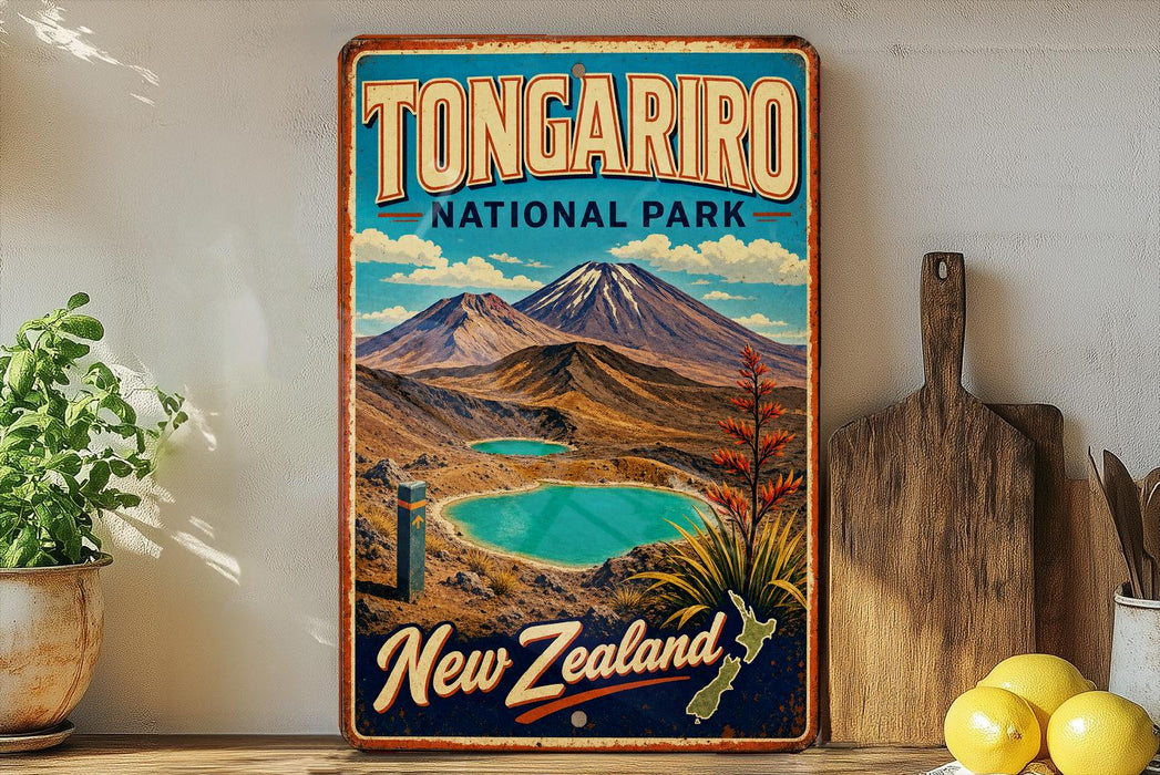 A vintage-style poster of Tongarro National Park in New Zealand, featuring a scenic landscape with a mountain, a lake, and a tropical plant.