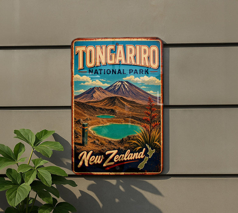 A vintage-style metal sign for Tongarif National Park in New Zealand, featuring a scenic landscape with mountains, a lake, and a plant.