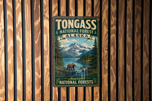 A vintage-style metal sign for Tongass National Forest in Alaska, featuring a scenic landscape with a bear, mountains, and a river.