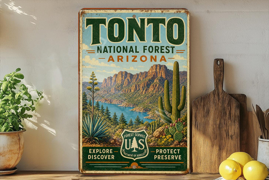 A vintage-style poster for Tonto National Forest in Arizona, featuring a desert landscape with mountains, cacti, and a lake.