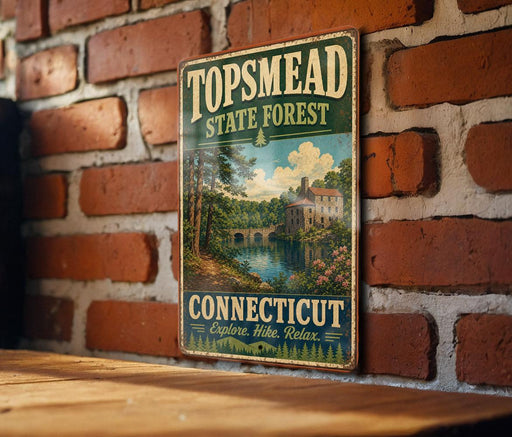 A vintage-style metal sign for the Topmead State Forest in Connecticut, featuring a scenic landscape with a river and a bridge.