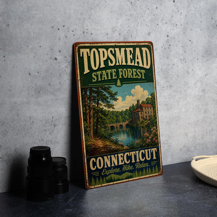 A vintage-style metal sign for Topmead State Forest in Connecticut, featuring a scenic landscape with a bridge and trees.