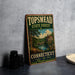 A vintage-style metal sign for Topmead State Forest in Connecticut, featuring a scenic landscape with a bridge and trees.