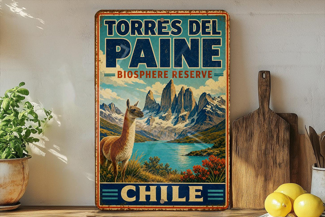 A vintage-style sign for the Torres del Paine Biosphere Reserve in Chile, featuring a llama and a mountainous landscape.
