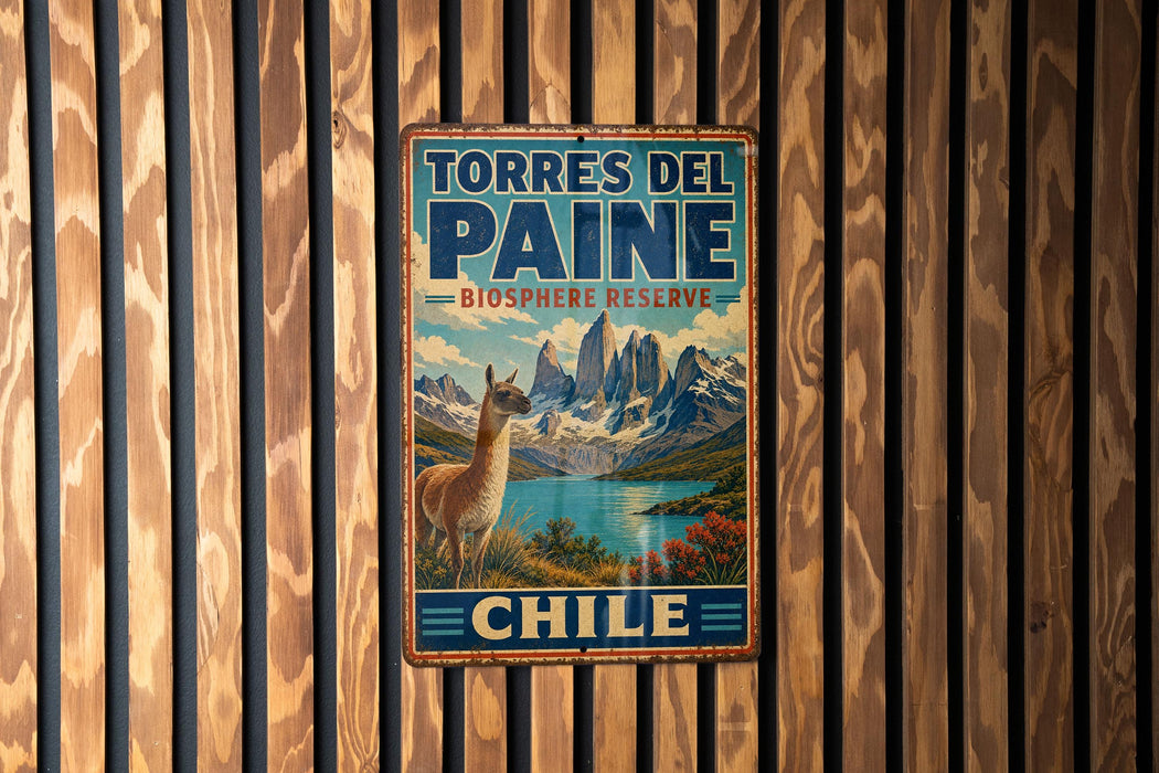 A vintage metal sign for the Torres del Paine Biosphere Reserve in Chile, featuring a llama and a scenic mountain landscape.
