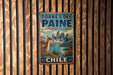 A vintage metal sign for the Torres del Paine Biosphere Reserve in Chile, featuring a llama and a scenic mountain landscape.