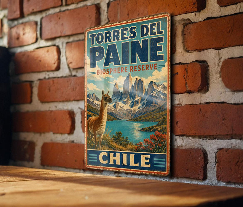 A vintage-style metal sign for Torres del Paine, a biosphere reserve in Chile, featuring a llama and a mountainous landscape.