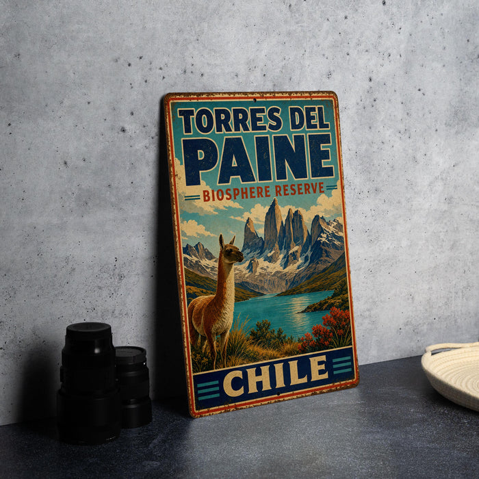 A vintage-style metal sign for the Torres del PAINE Biosphere Reserve in Chile, featuring a llama and a mountainous landscape.