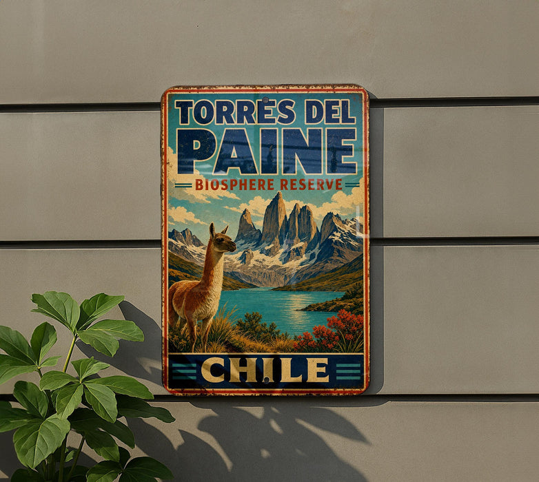 A vintage-style metal sign with a llama and mountains in the background, mounted on a wall.