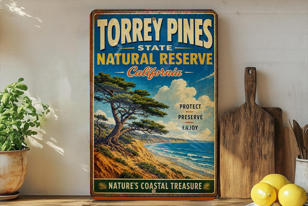 A vintage-style sign for Torrey Pines State Natural Reserve in California, featuring a scenic landscape with a pine tree and ocean in the background.