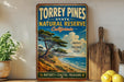 A vintage-style sign for Torrey Pines State Natural Reserve in California, featuring a scenic landscape with a pine tree and ocean in the background.