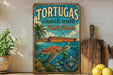 A vintage-style sign advertising the Tortugas Ecological Reserve in South Florida, featuring a turtle swimming in the ocean and a building in the background.