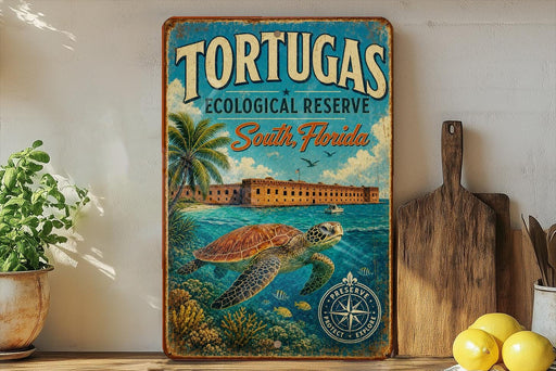 A vintage-style sign advertising the Tortugas Ecological Reserve in South Florida, featuring a turtle swimming in the ocean and a building in the background.