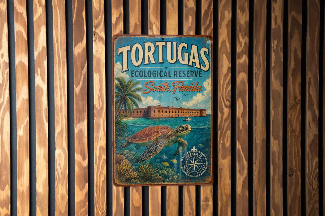A vintage-style metal sign with a tropical beach scene and a turtle, mounted on a wooden wall.
