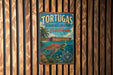 A vintage-style metal sign with a tropical beach scene and a turtle, mounted on a wooden wall.