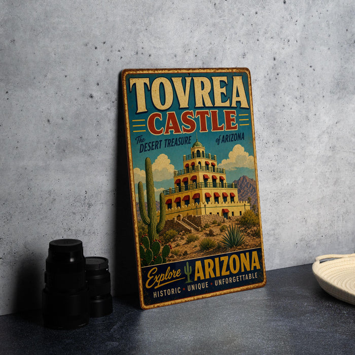 A vintage-style metal sign for Tovrea Castle, a desert treasure in Arizona, featuring an illustration of the castle and desert landscape.