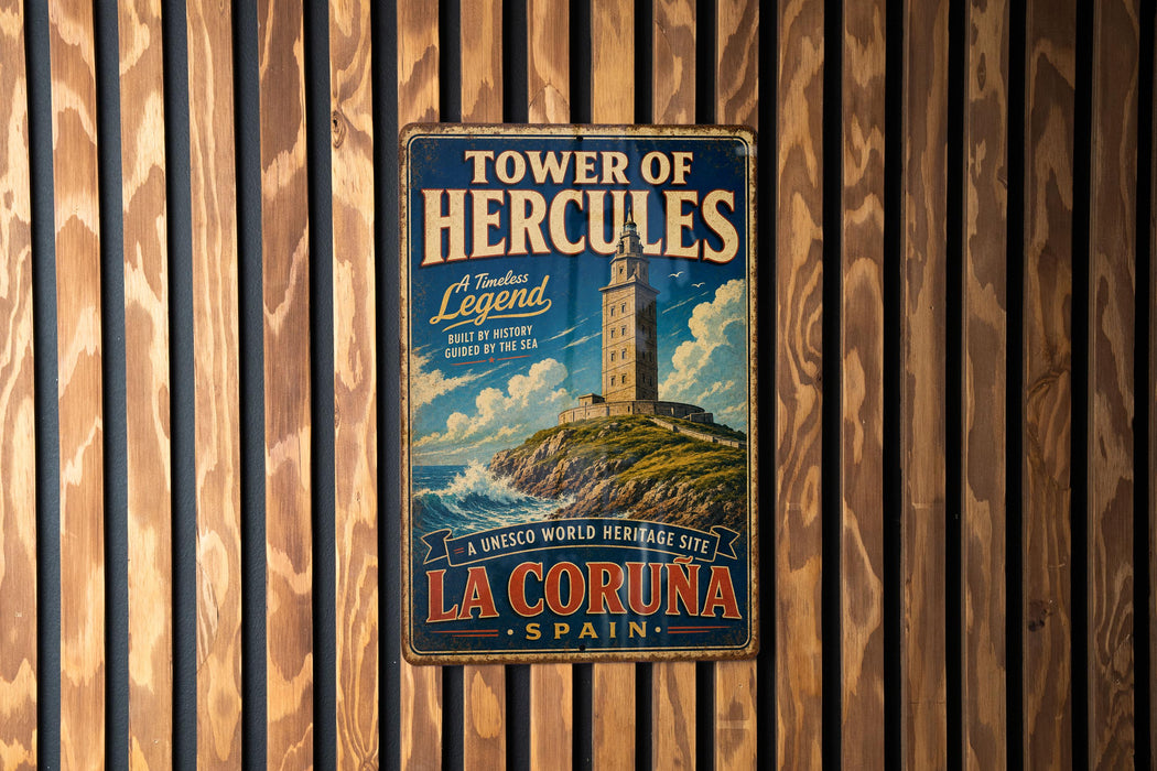 A vintage metal sign advertising the Tower of Hercules, a historic lighthouse located in La Coruna, Spain.