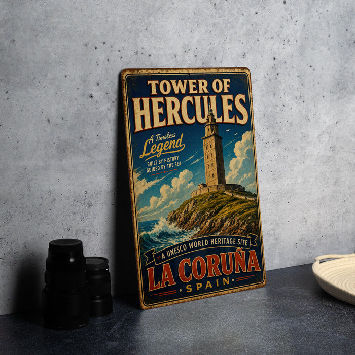 A vintage metal sign advertising the Tower of Hercules, a historic lighthouse located in La Coruna, Spain.