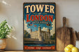 A vintage-style sign for the Tower of London, featuring a castle and the United Kingdom flag, is displayed on a wooden shelf next to a potted plant and a cutting board.