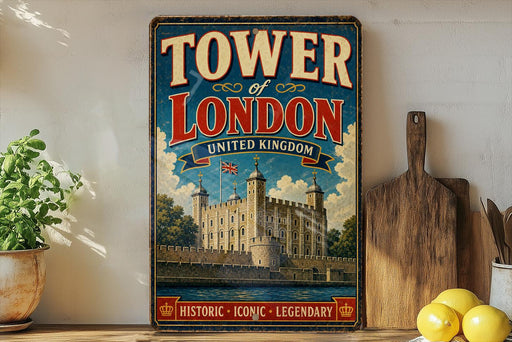 A vintage-style sign for the Tower of London, featuring a castle and the United Kingdom flag, is displayed on a wooden shelf next to a potted plant and a cutting board.