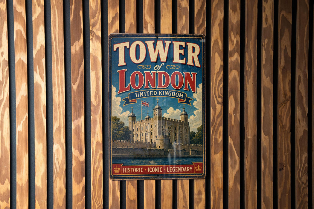 A vintage-style metal sign that reads "TOWER OF LONDON UNITED KINGDOM" is displayed on a wooden wall.