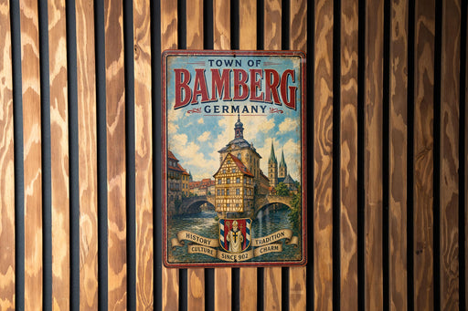 A vintage metal sign for the town of Bamberg, Germany, featuring an illustration of a historic building and a river.