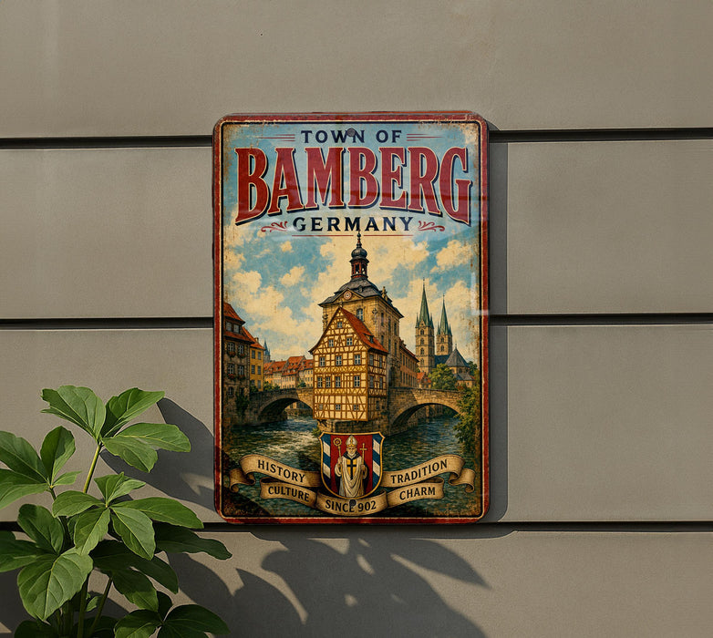 A vintage metal sign for the Town of Bambberg, Germany, featuring a painting of a historic building and a castle.