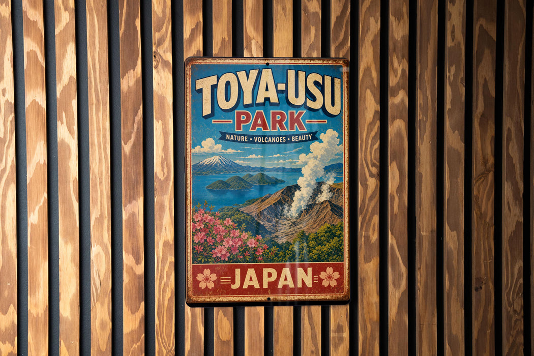 A vintage-style metal sign for Toya-USU Park, featuring a scenic landscape with mountains, flowers, and a volcano.