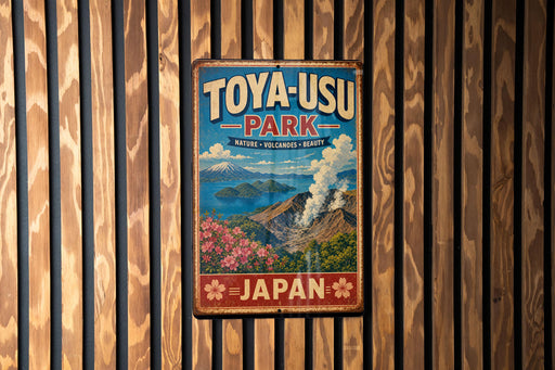A vintage-style metal sign for Toya-USU Park, featuring a scenic landscape with mountains, flowers, and a volcano.