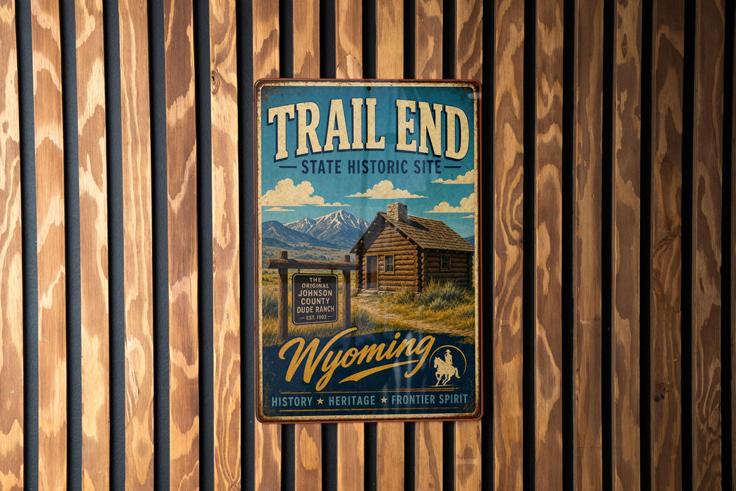 A vintage-style metal sign for Trail End State Historic Site in Wyoming, featuring a cabin and mountains in the background.