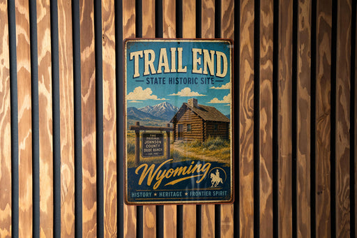 A vintage-style metal sign for Trail End State Historic Site in Wyoming, featuring a cabin and mountains in the background.