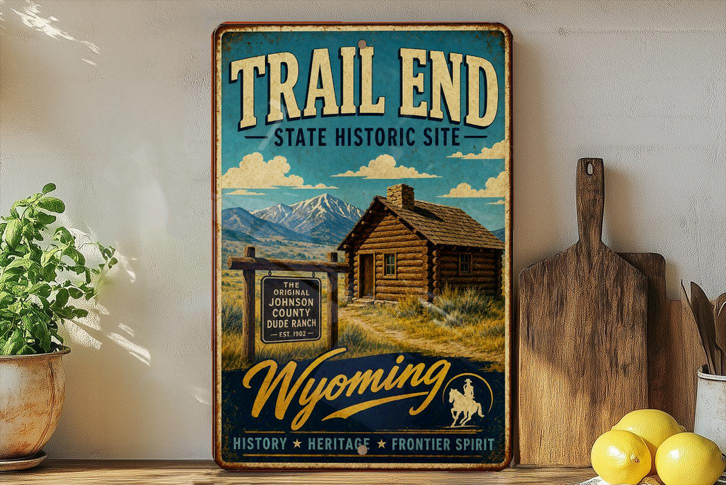 A vintage-style metal sign for Trail End State Historic Site in Wyoming, featuring a cabin in the background and a mountain range.