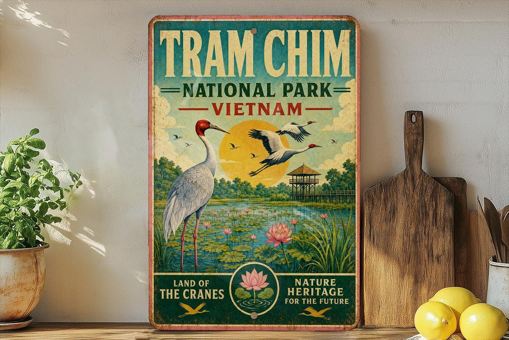 a vintage-style sign for Tram Chim National Park in Vietnam, with illustrations of cranes and a serene landscape.