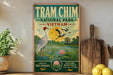 a vintage-style sign for Tram Chim National Park in Vietnam, with illustrations of cranes and a serene landscape.