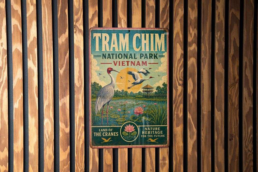 A vintage metal sign for Tram Chim National Park in Vietnam, featuring an illustration of cranes and a scenic landscape.