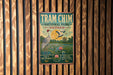 A vintage metal sign for Tram Chim National Park in Vietnam, featuring an illustration of cranes and a scenic landscape.
