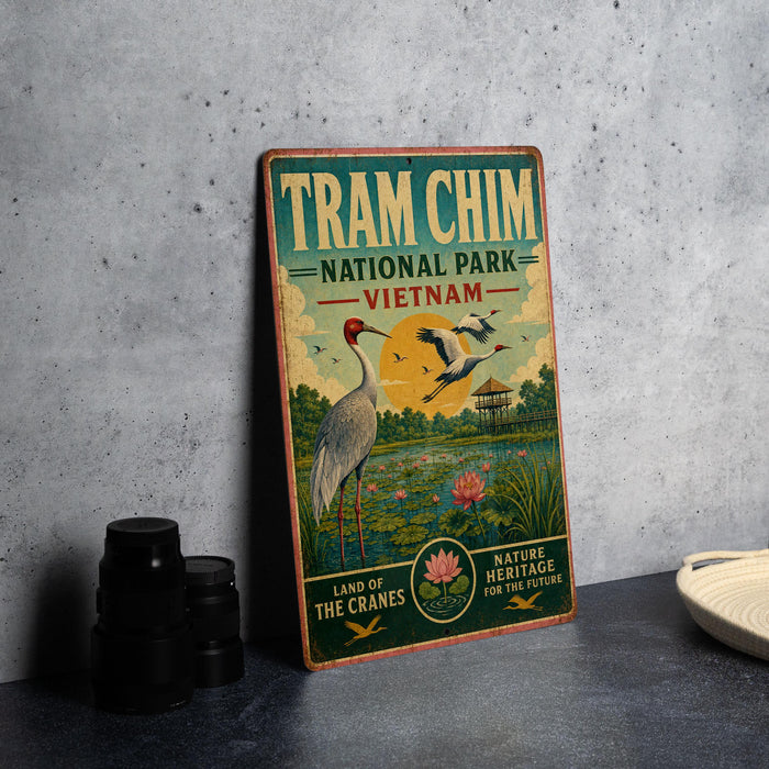 A vintage-style sign for Tram Chim National Park in Vietnam, featuring an illustration of a crane and a sunset landscape.