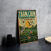 A vintage-style sign for Tram Chim National Park in Vietnam, featuring an illustration of a crane and a sunset landscape.