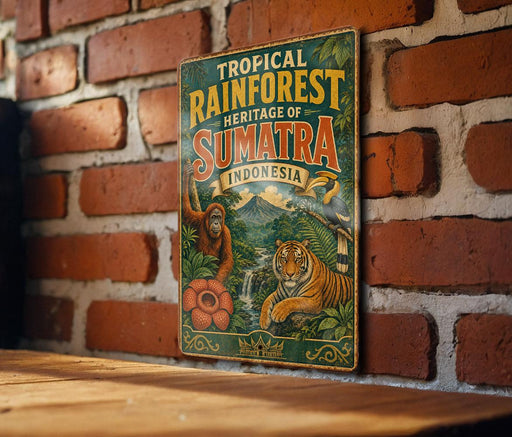 A vintage-style metal sign with illustrations of a tiger, an orangutan, and a waterfall, along with text that reads "Tropical Rainforest Heritage of Sumatra Indonesia".