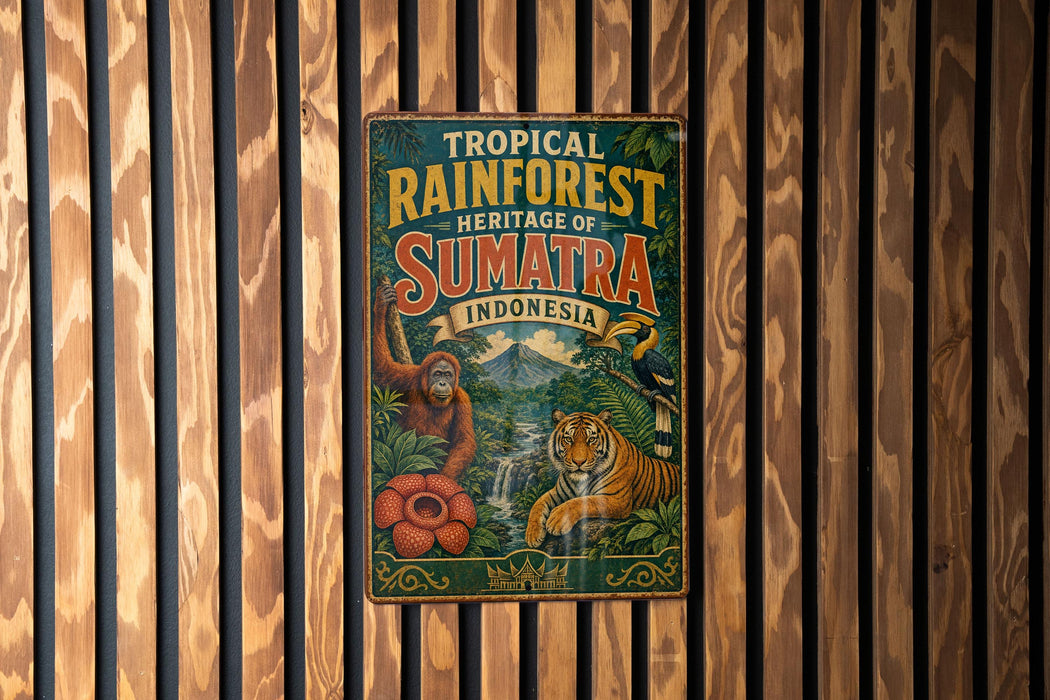 A vintage metal sign with the text "TROPICAL RAINFOREST HERITAGE OF SUMATRA INDONESIA" is displayed on a wooden wall.