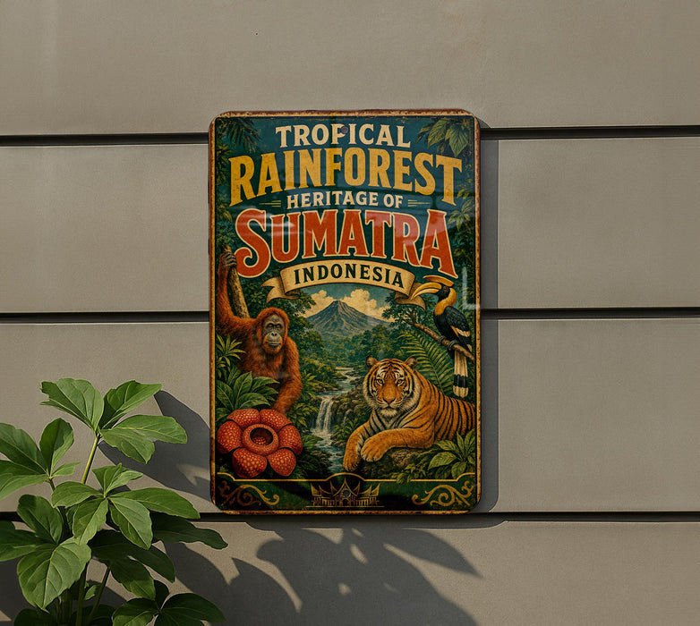 A vintage-style metal sign with an illustration of an orangutan, a tiger, and a waterfall, advertising the "Rainforest Heritage of Sumatra Indonesia".