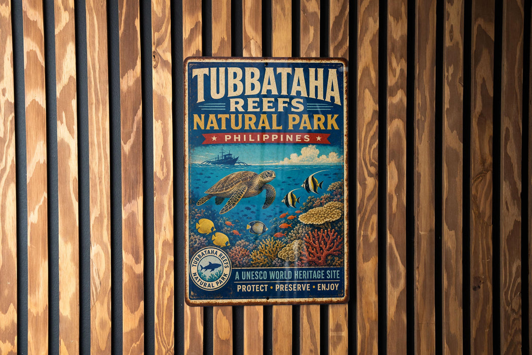 A vintage-style metal sign for Tubbataha Reefs Natural Park in the Philippines, featuring an illustration of a sea turtle and various marine life.