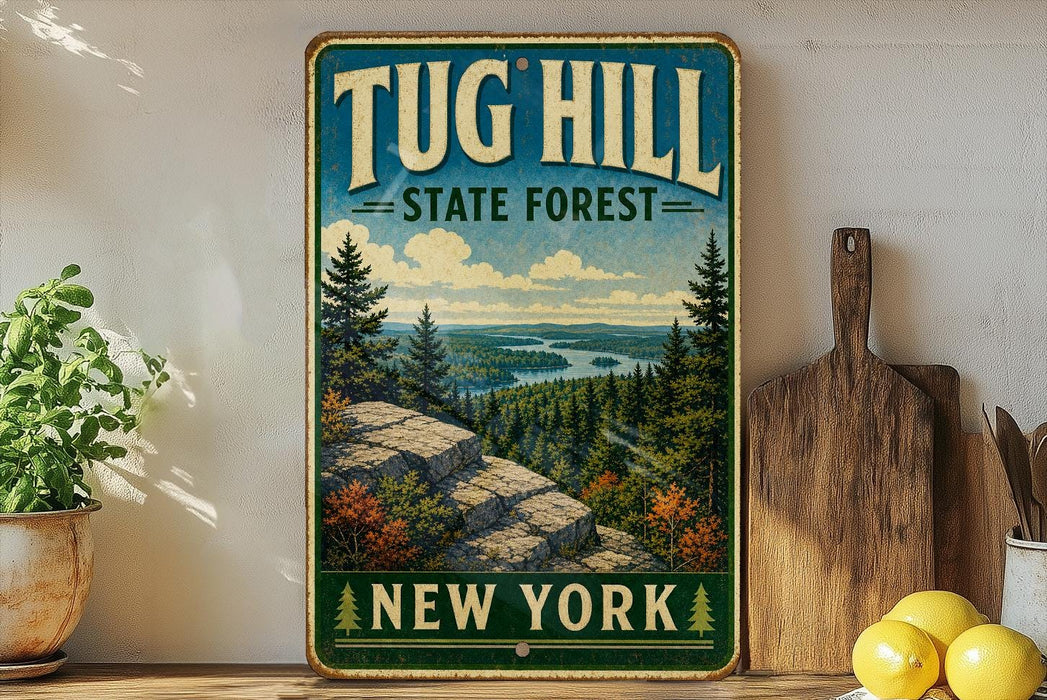 A vintage-style sign for Tug Hill State Forest in New York, featuring a scenic landscape with pine trees, a river, and mountains.