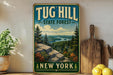 A vintage-style sign for Tug Hill State Forest in New York, featuring a scenic landscape with pine trees, a river, and mountains.