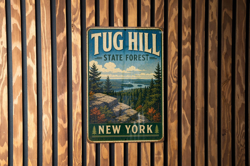 A vintage metal sign for Tug Hill State Forest in New York, featuring a scenic landscape with pine trees, a lake, and mountains.